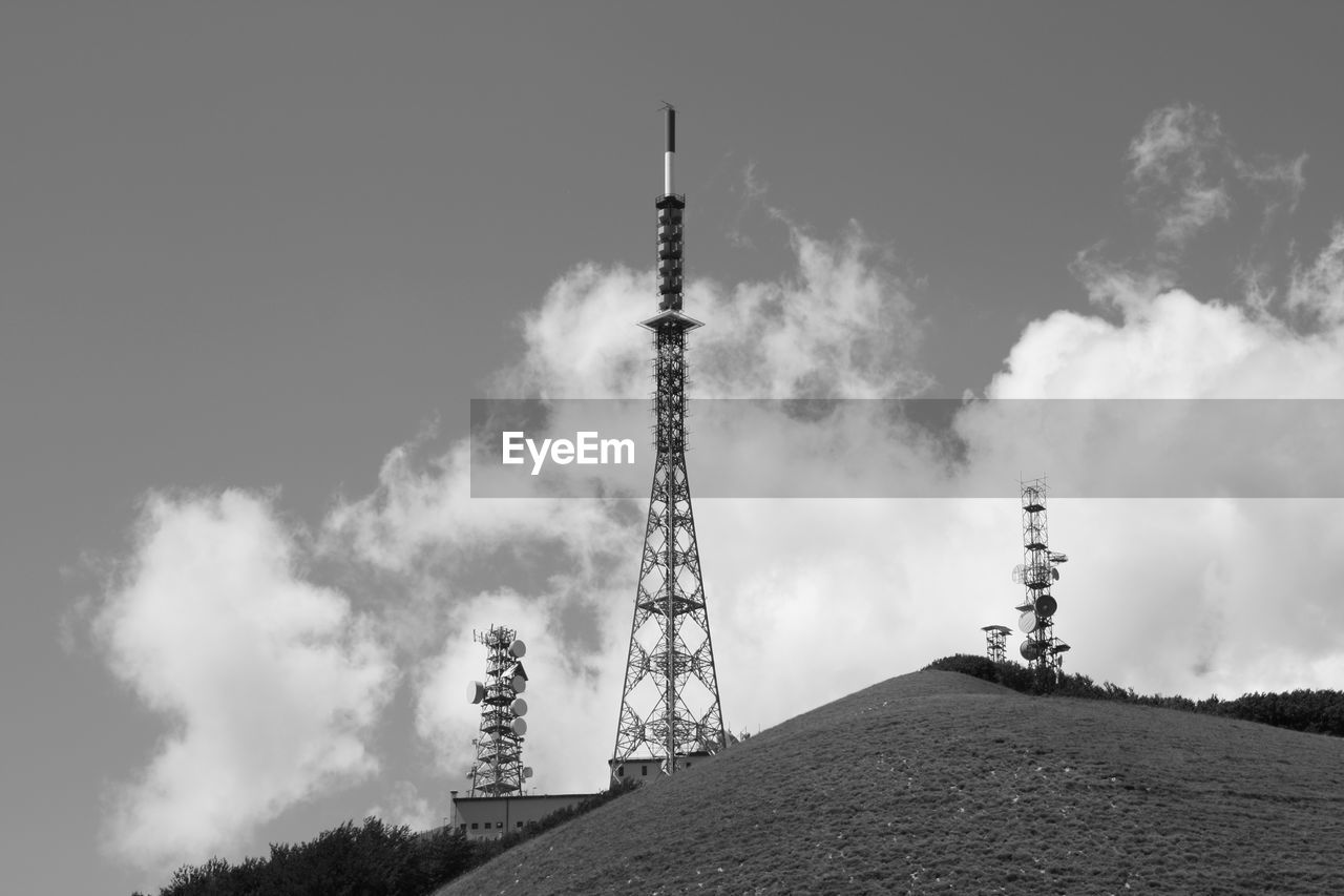 Low angle view of communications tower against sky in monte nerone, italy 
