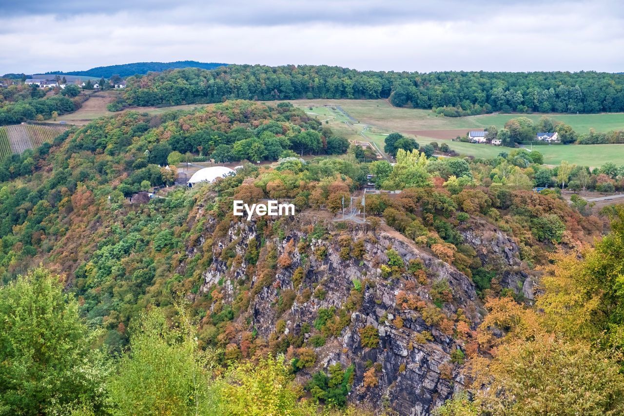 High angle view of trees on landscape against sky