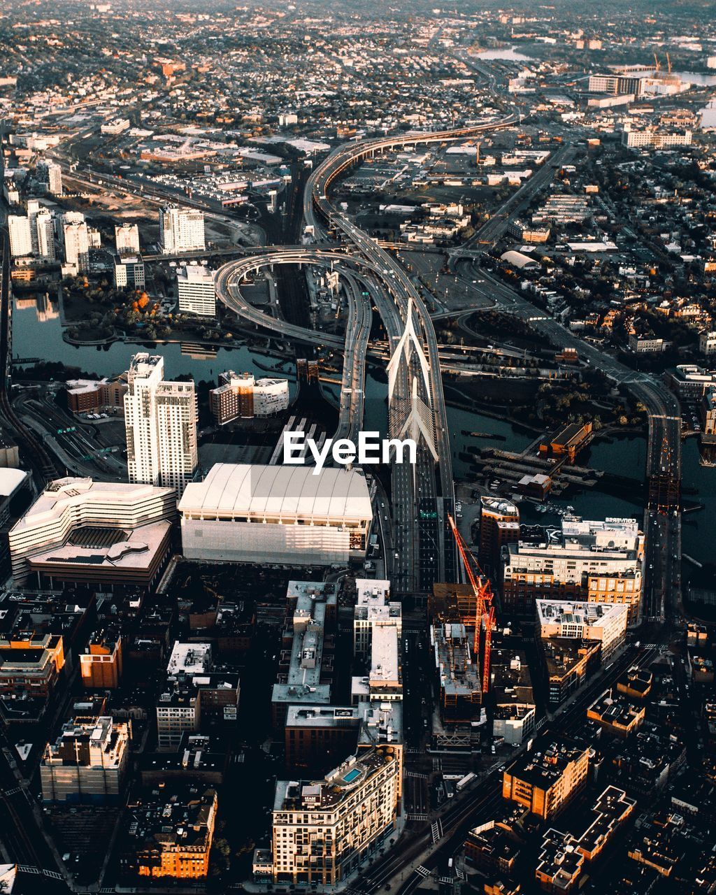 High angle view of illuminated cityscape