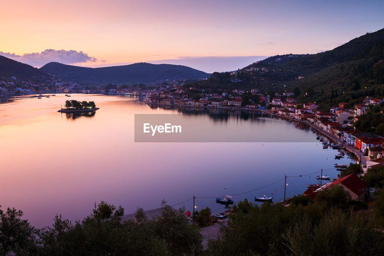 Vathy village and view of molos gulf in ithaca island, greece.