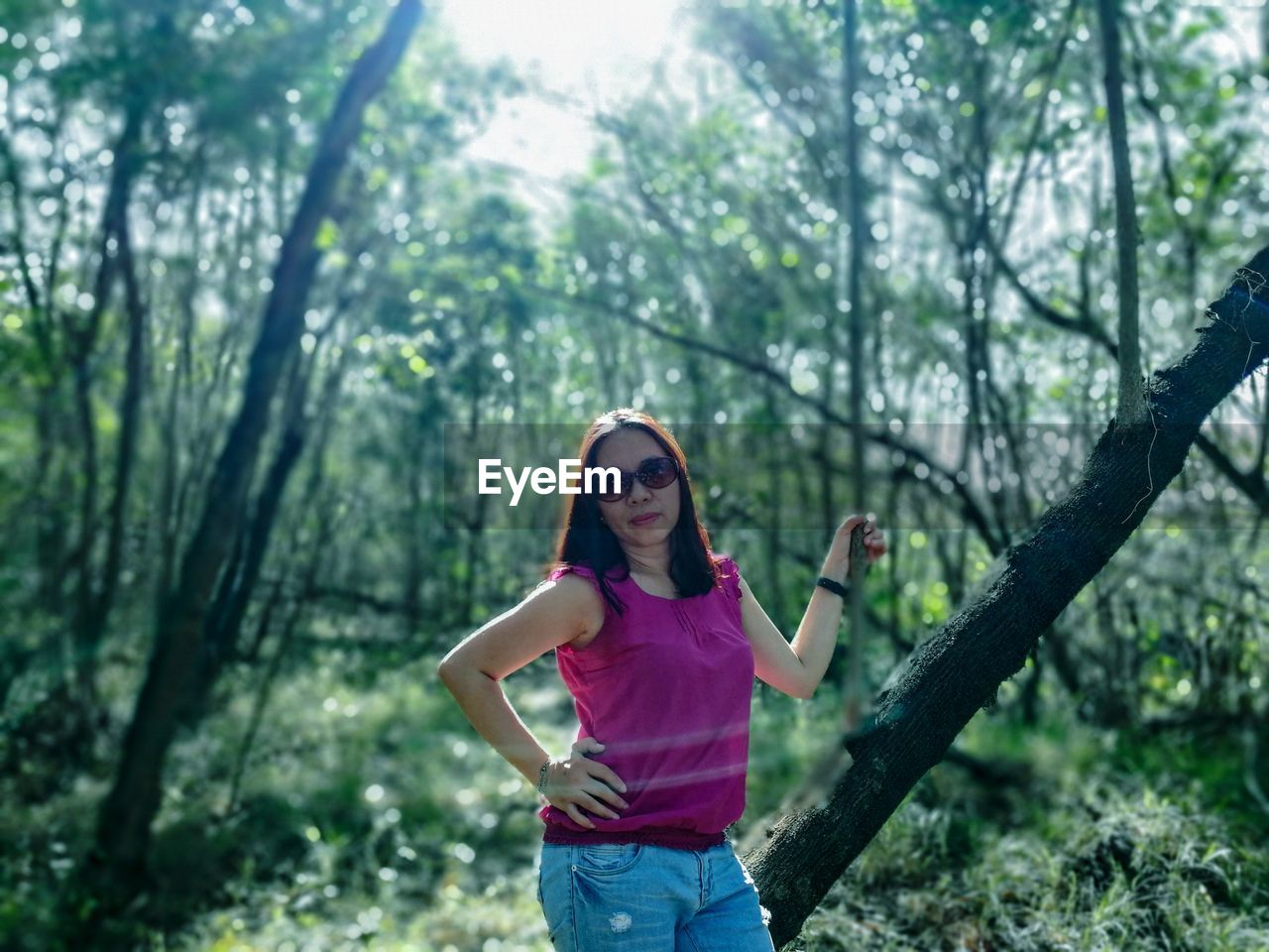 Portrait of woman wearing sunglasses while standing in forest