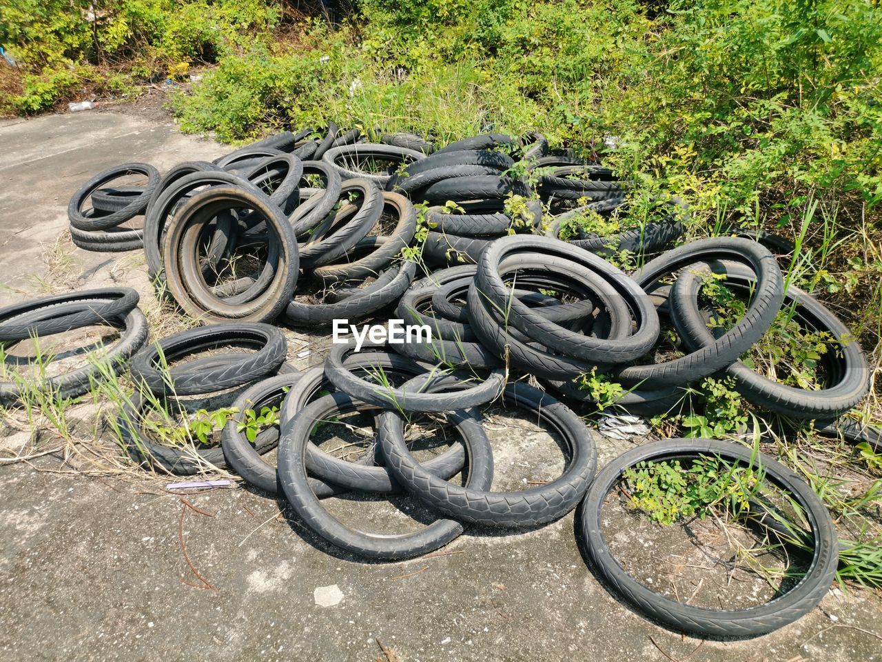 HIGH ANGLE VIEW OF TIRE ON FIELD