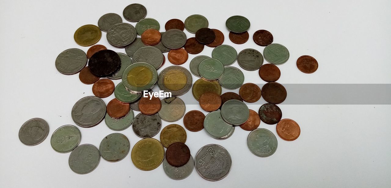 HIGH ANGLE VIEW OF COINS