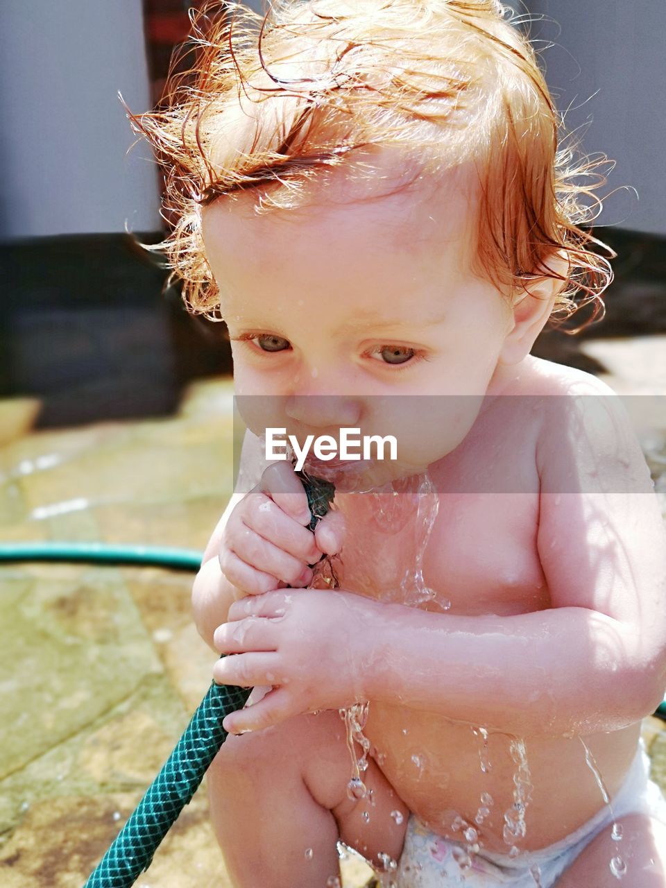 Close-up of cute girl holding water hose