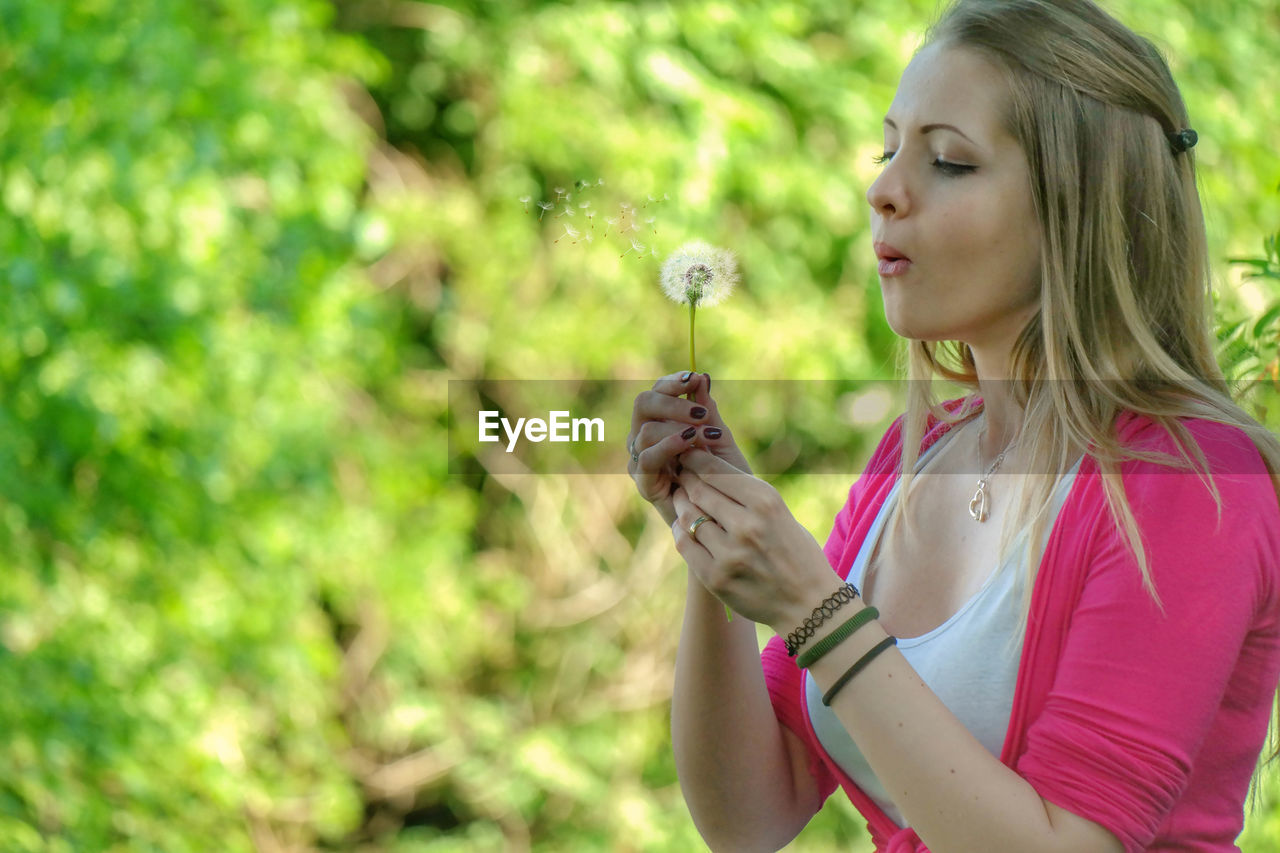 Side view of young woman holding and blowing dandelion 