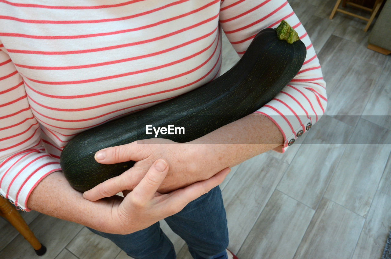 Midsection of woman holding eggplant while standing at home