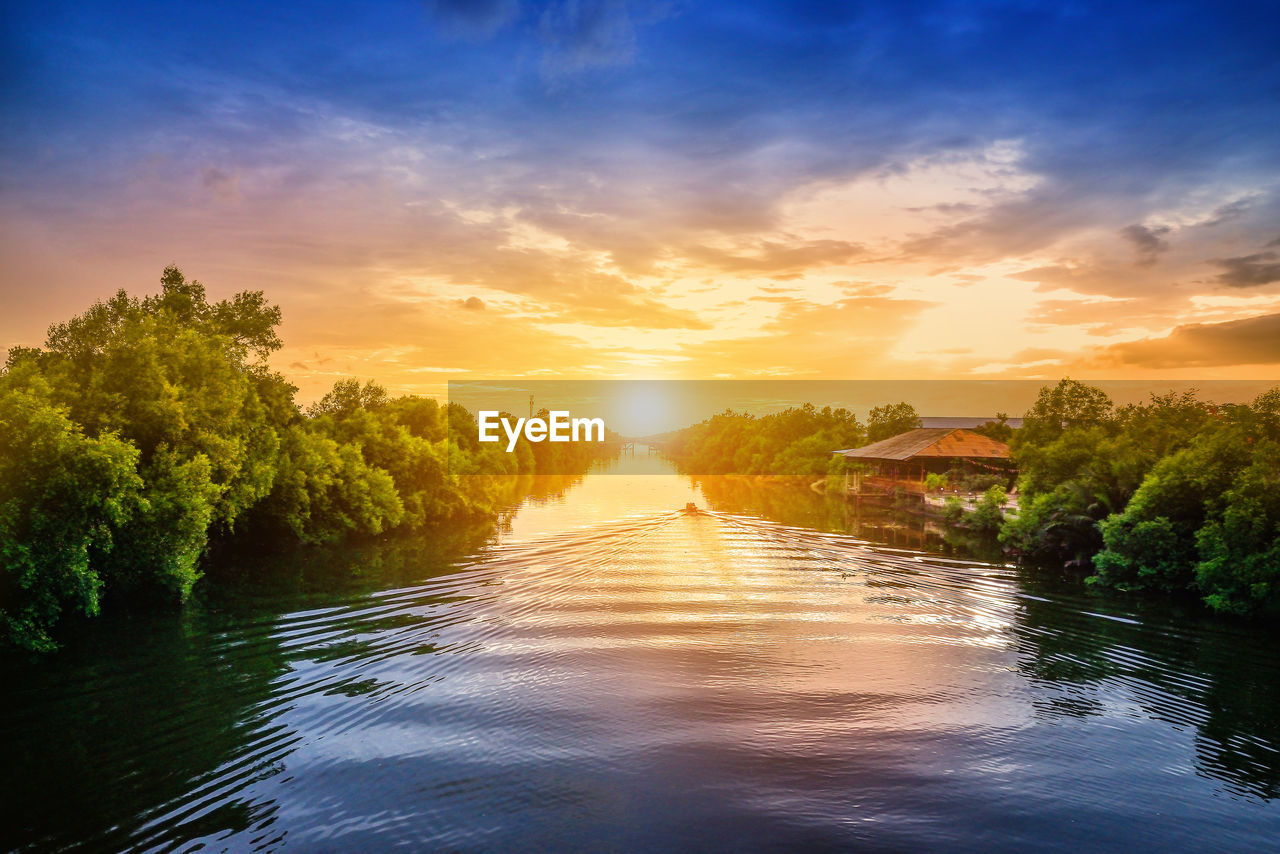 Scenic view of lake against sky during sunset