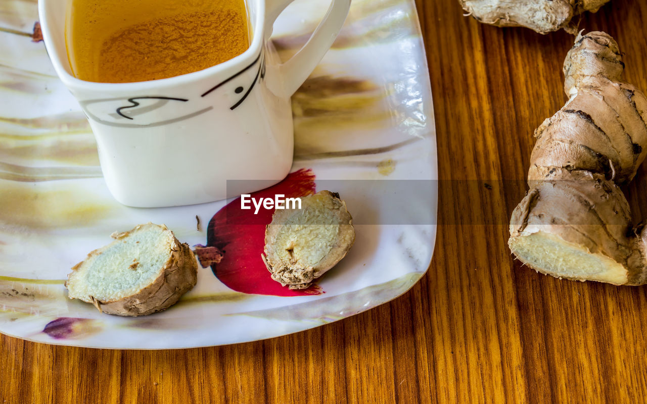 High angle view of breakfast on table