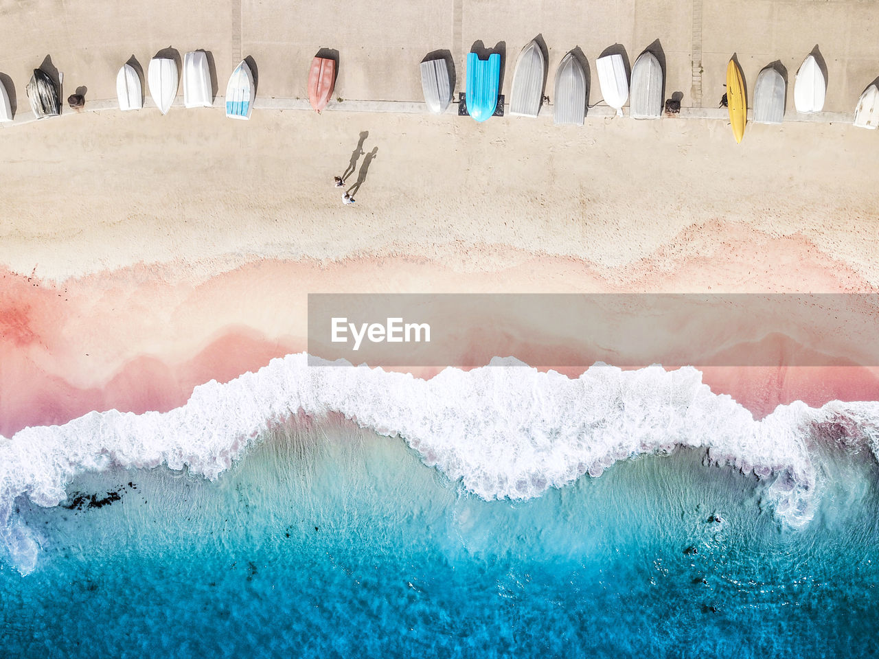 High angle view of boats moored at beach