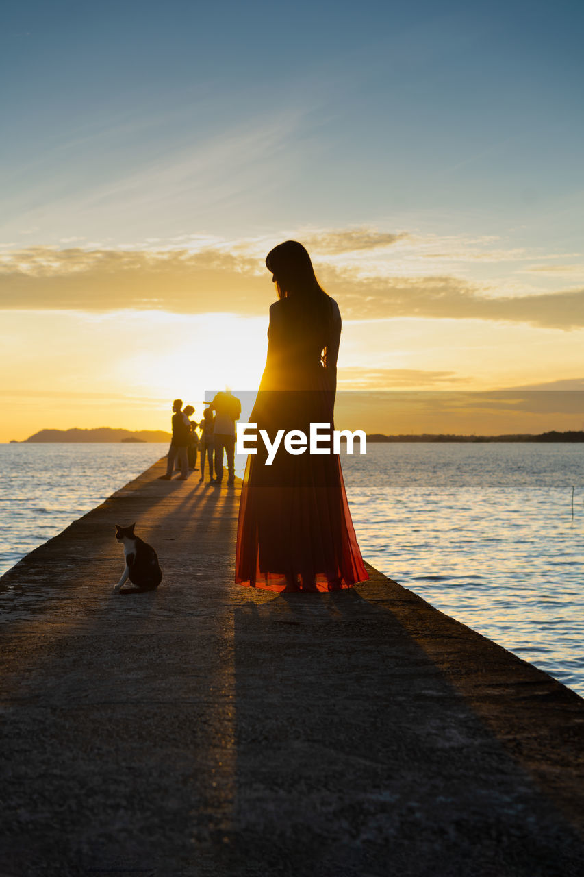 Rear view of couple on beach during sunset