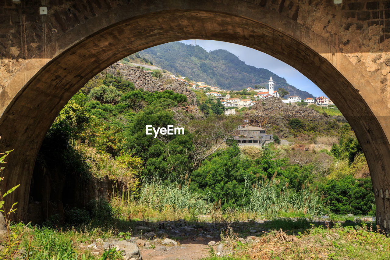 Trees and buildings seen through arch