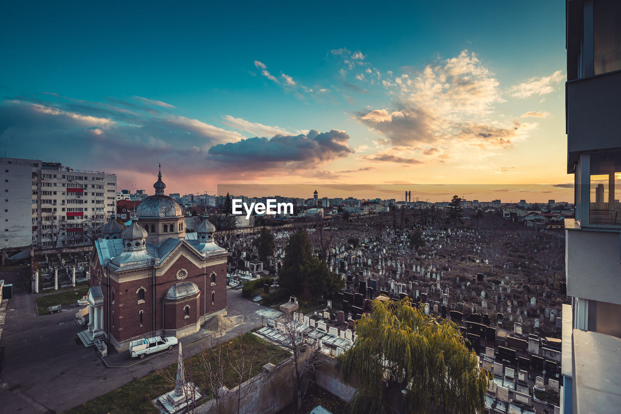 High angle view of townscape against sky during sunset