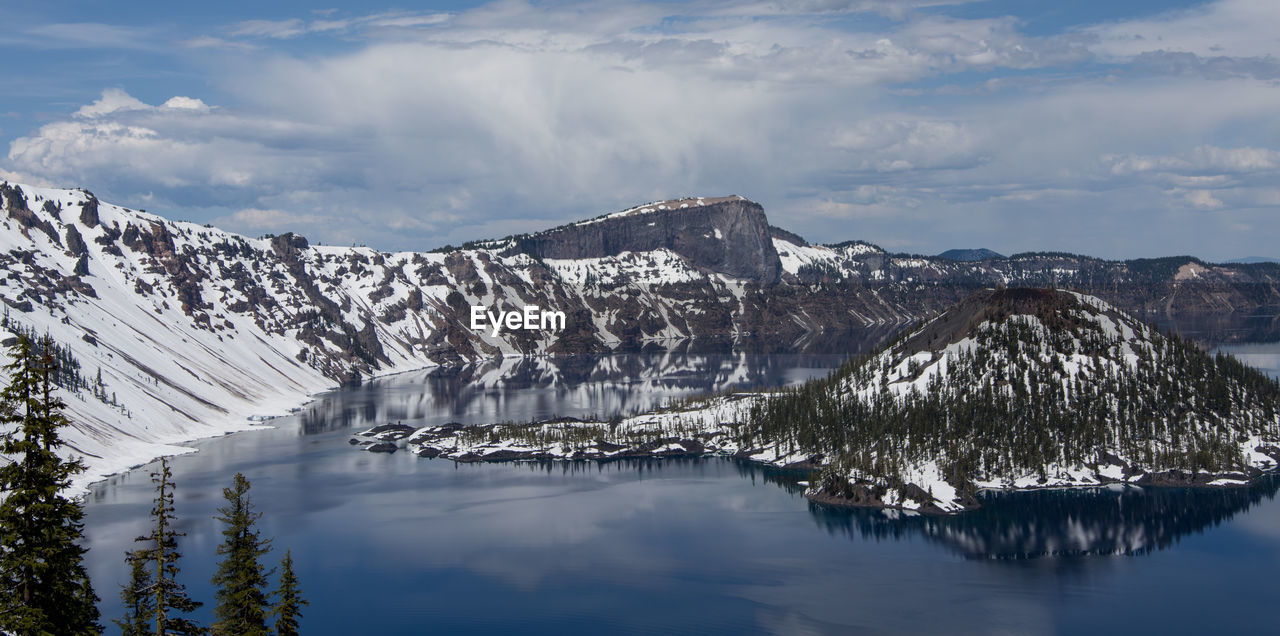 Scenic view of lake by snowcapped mountains against sky