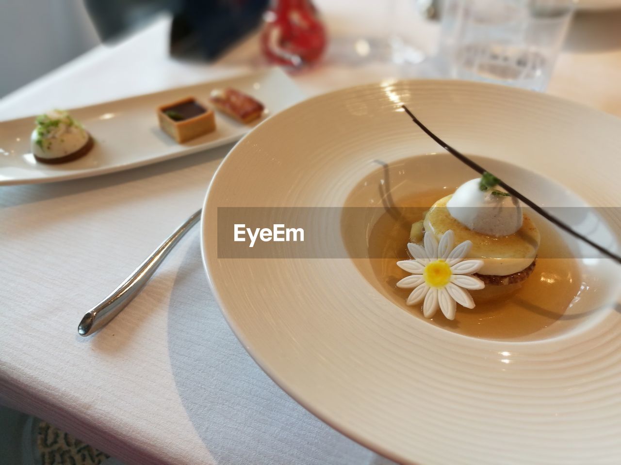 High angle view of dessert served in plate at restaurant