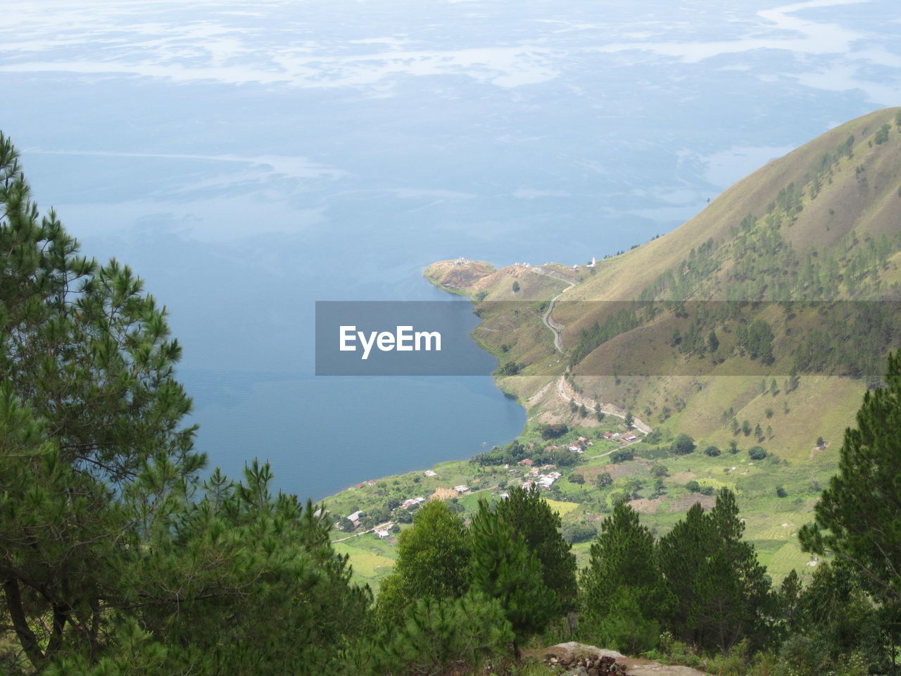 High angle view of trees and sea against mountains