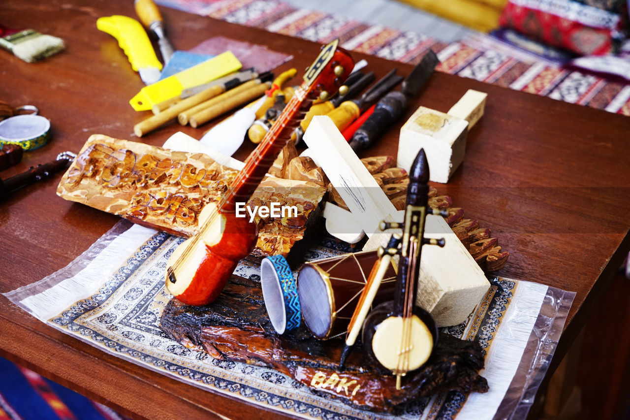 High angle view of various food on table