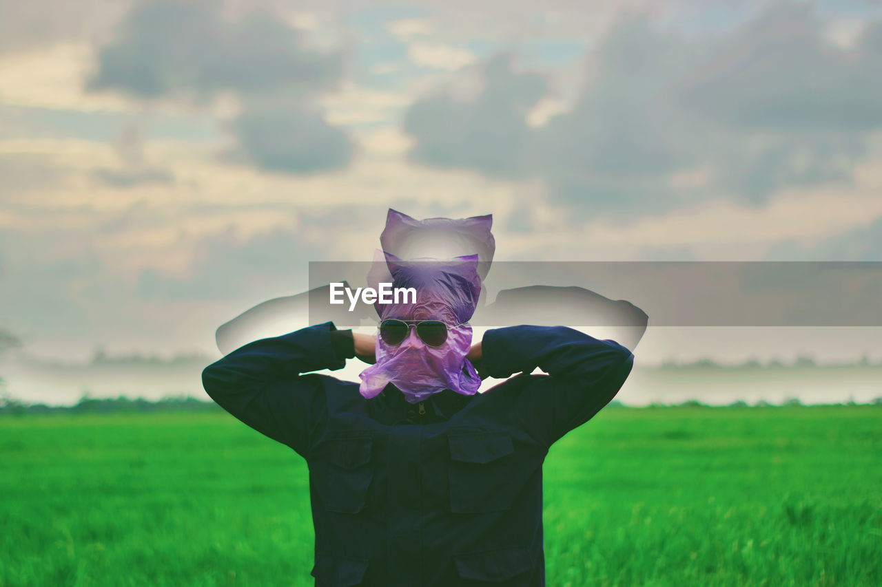 Multiple image of man wearing plastic bag with sunglasses at farm against sky