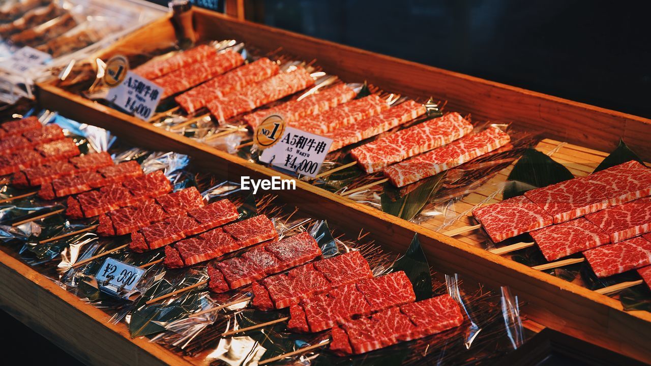 High angle view of meat for sale in market
