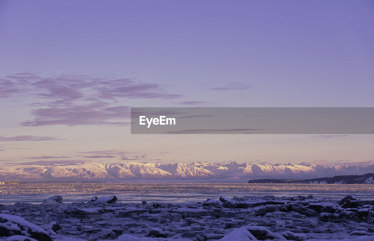 SCENIC VIEW OF FROZEN SEA AGAINST SKY AT SUNSET