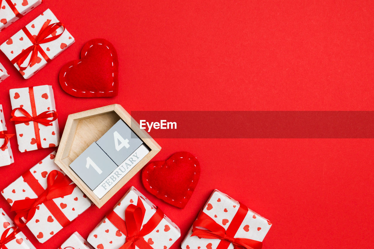 Top view colorful valentine background with gift boxes. valentine's day concept with copy space.