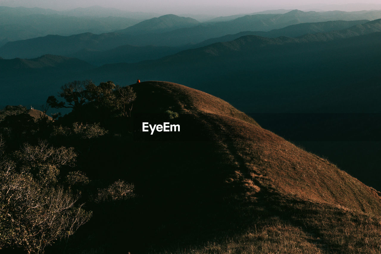 HIGH ANGLE VIEW OF LAND AGAINST MOUNTAIN RANGE