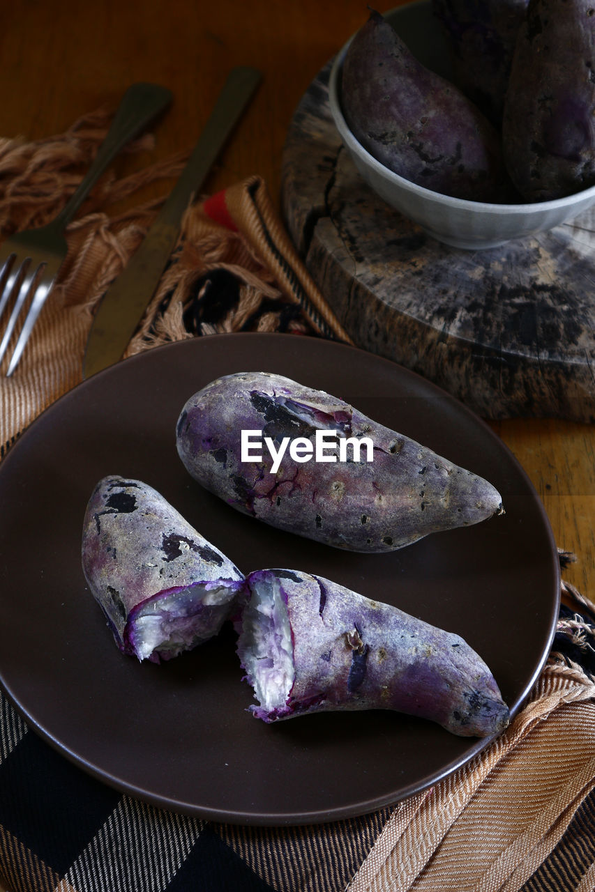 High angle view of sweet potato in plate