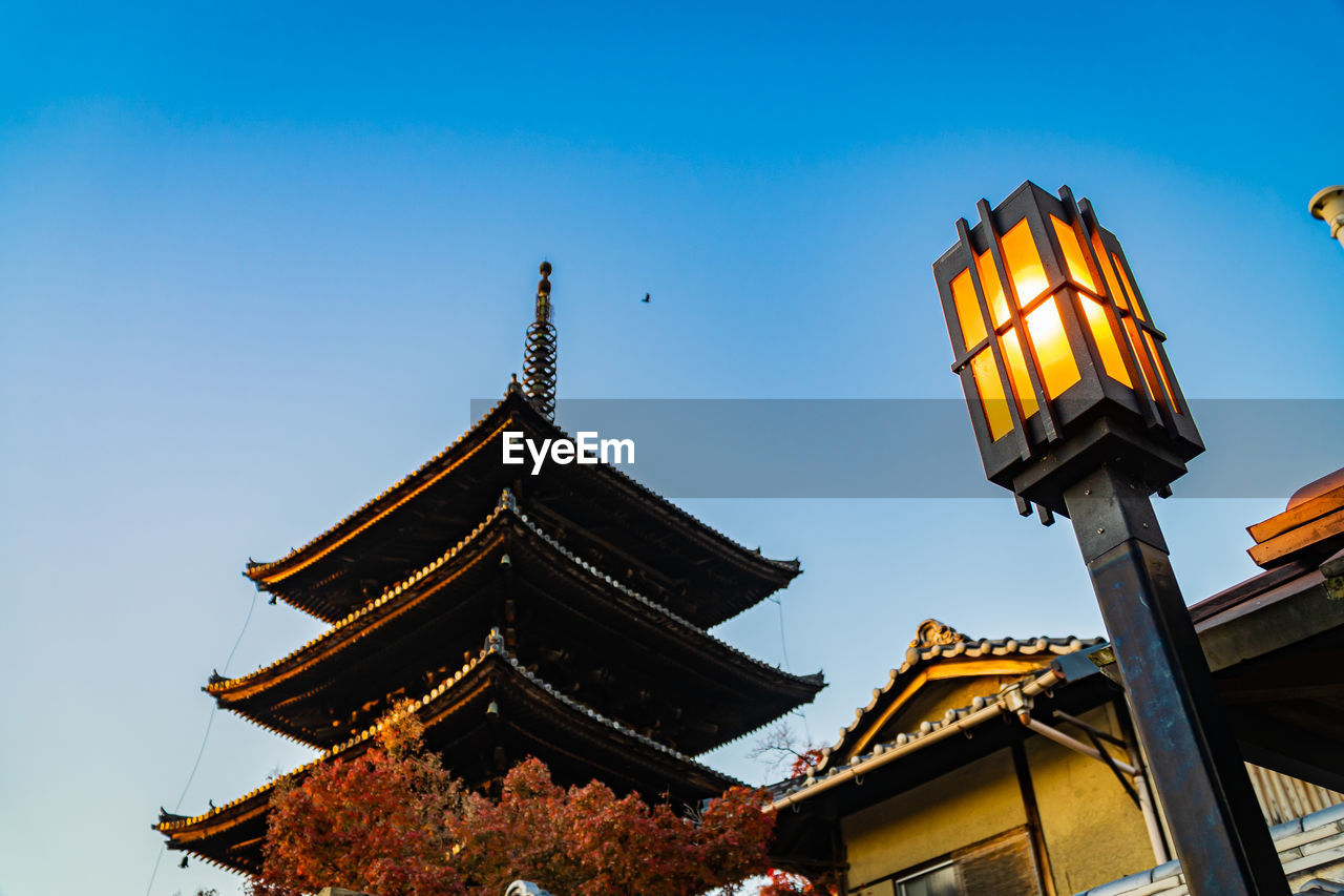 LOW ANGLE VIEW OF TEMPLE AND BUILDING AGAINST CLEAR SKY