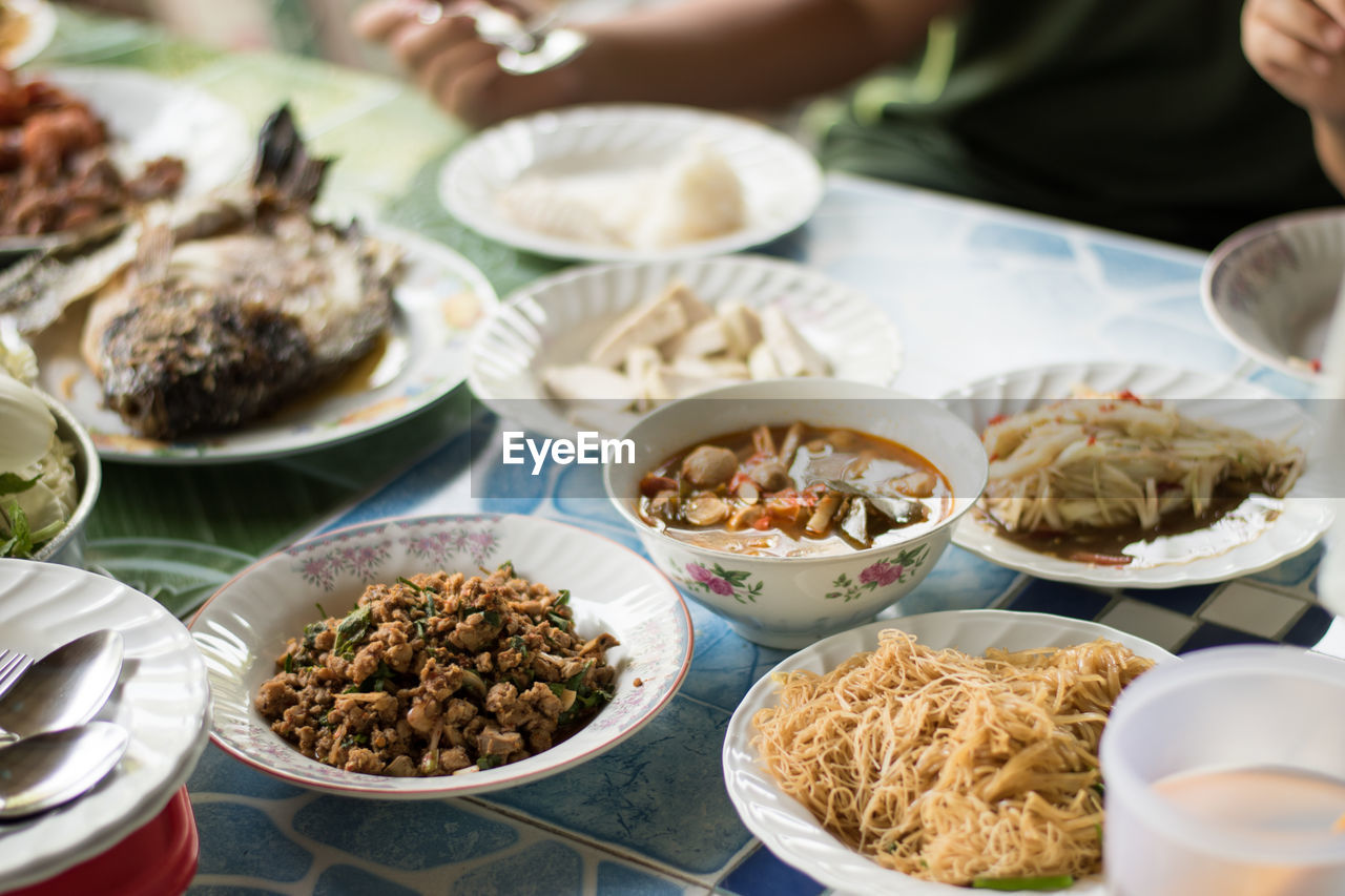 High angle view of food served on table