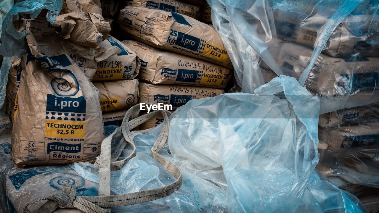 Stacked sacks at construction site