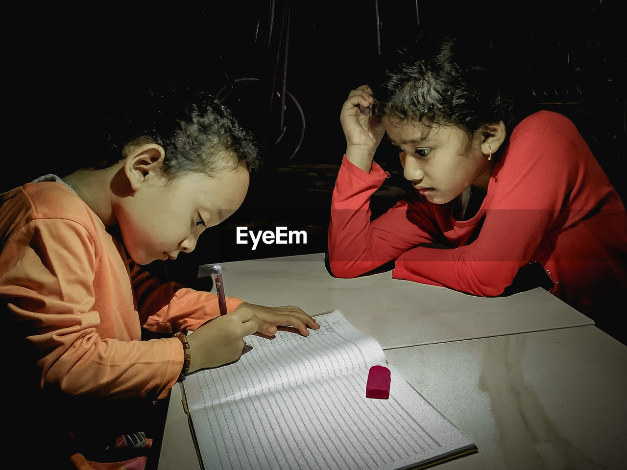 Siblings studying at home