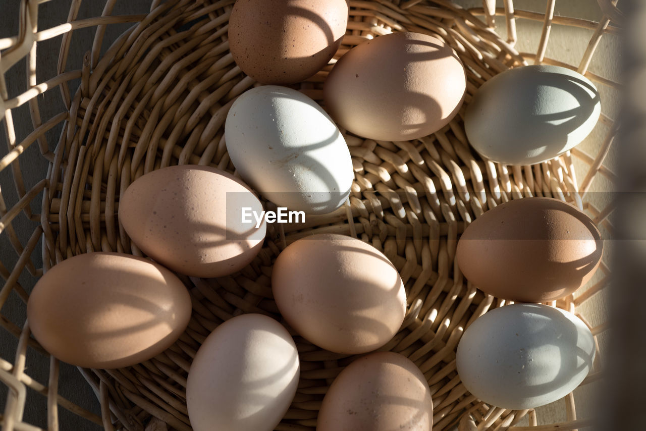 Basket of natural brown and bluish chicken eggs from local farmer's market