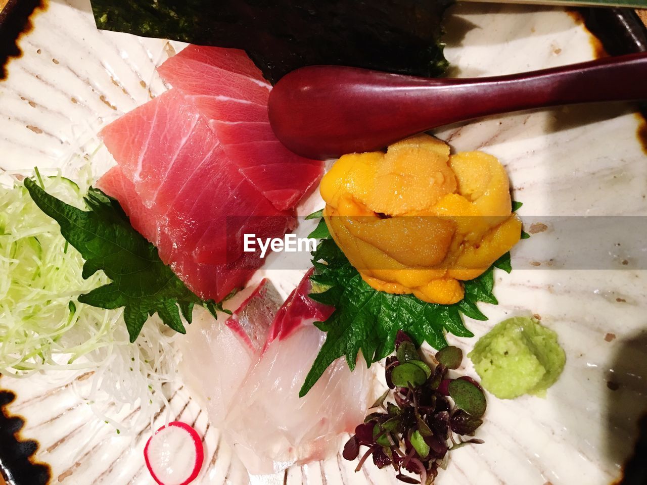 High angle view of sushi and sashimi