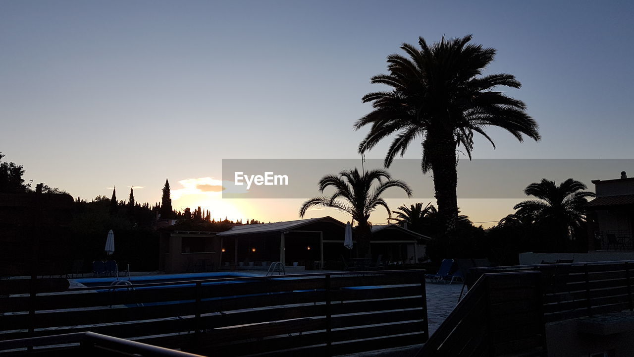 PALM TREES BY SWIMMING POOL AGAINST SKY