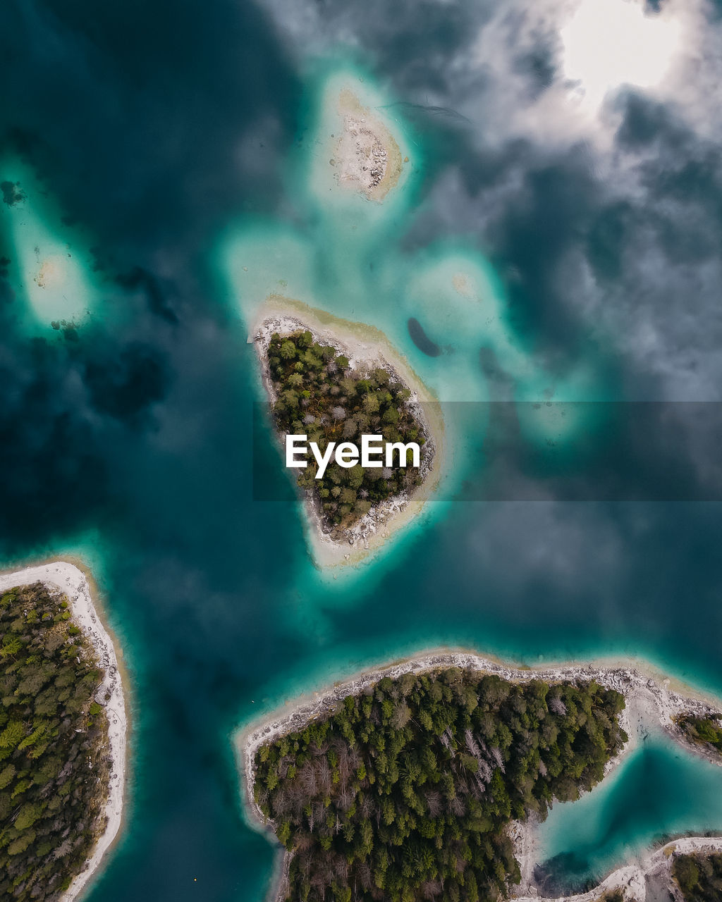 Aerial view of turtle like formation of islands in lake