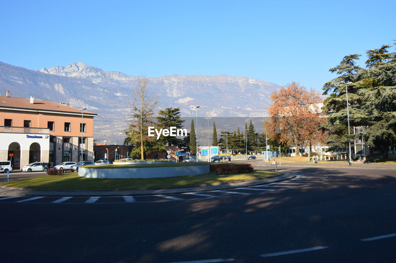 CARS ON ROAD BY TREES AGAINST CLEAR BLUE SKY