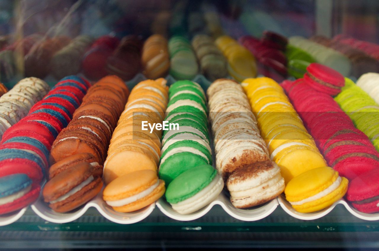 Close-up of colorful macaroons for sale