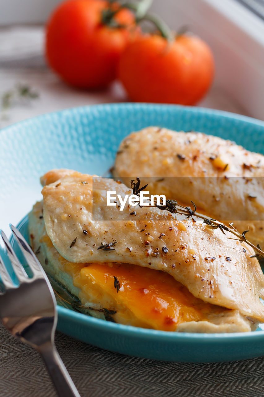 Close-up of chicken served in plate