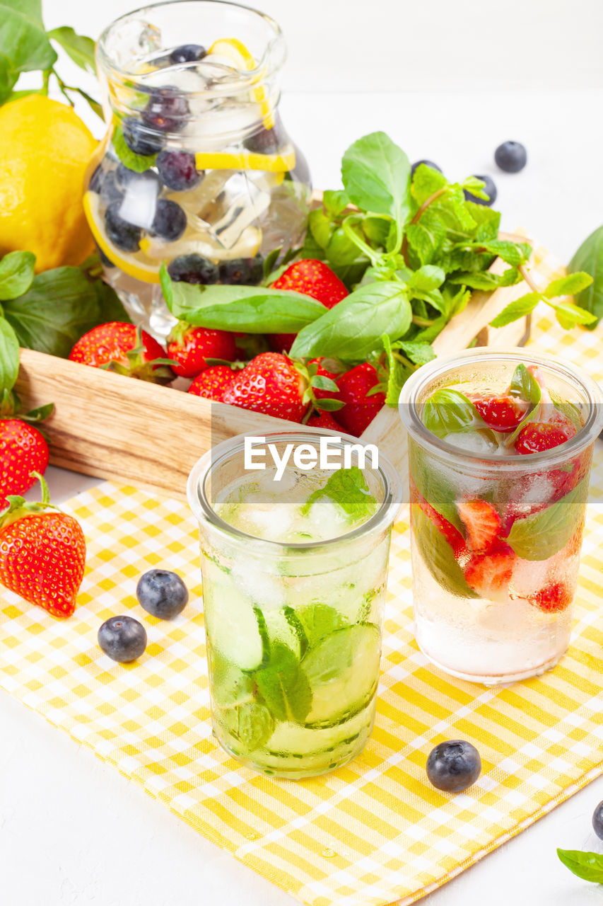 High angle view of refreshing drinks on table 