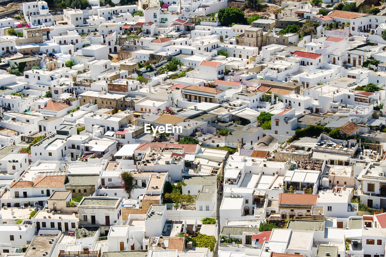 High angle view of houses in town