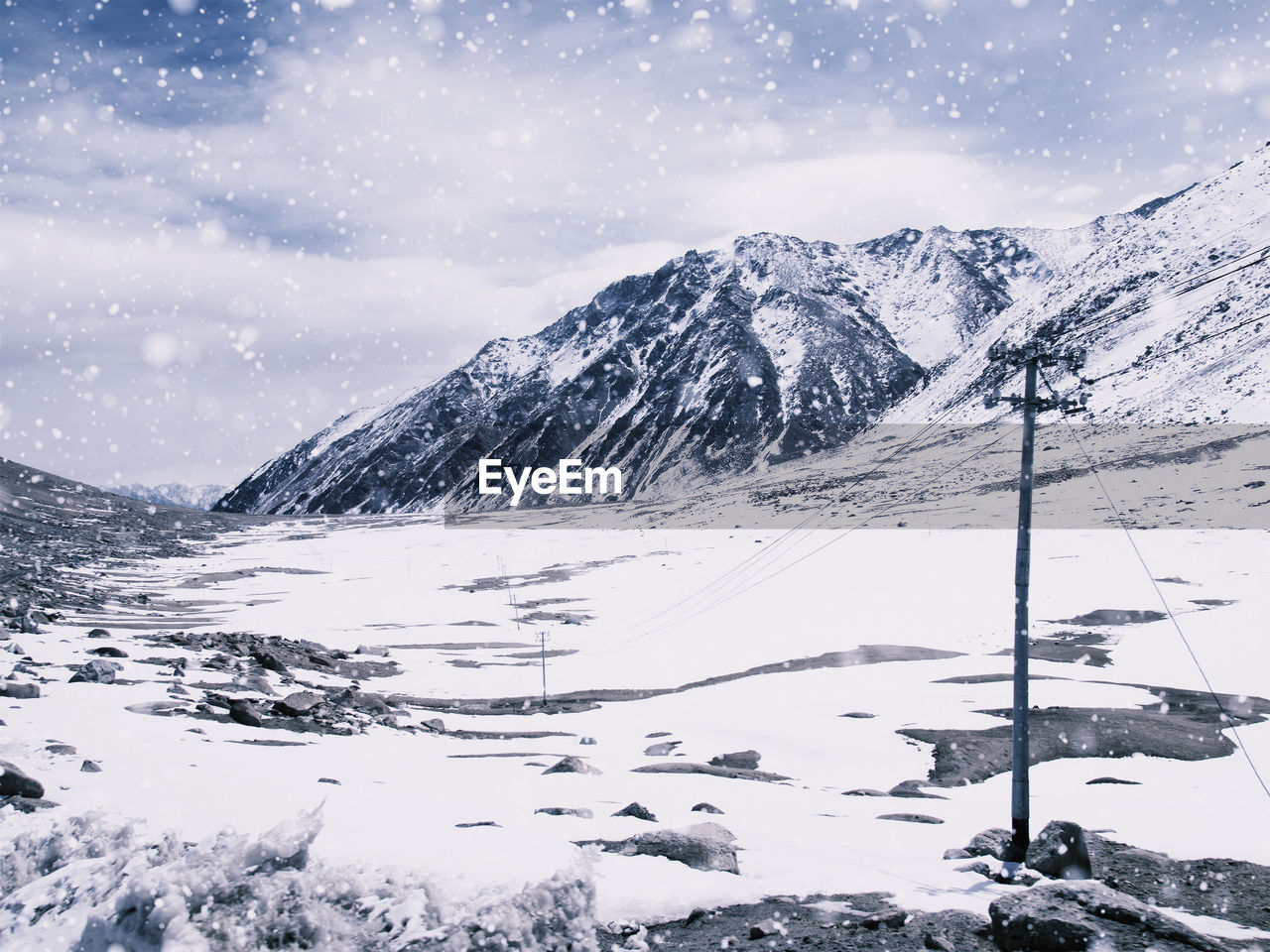 Scenic view of snow covered mountains against sky