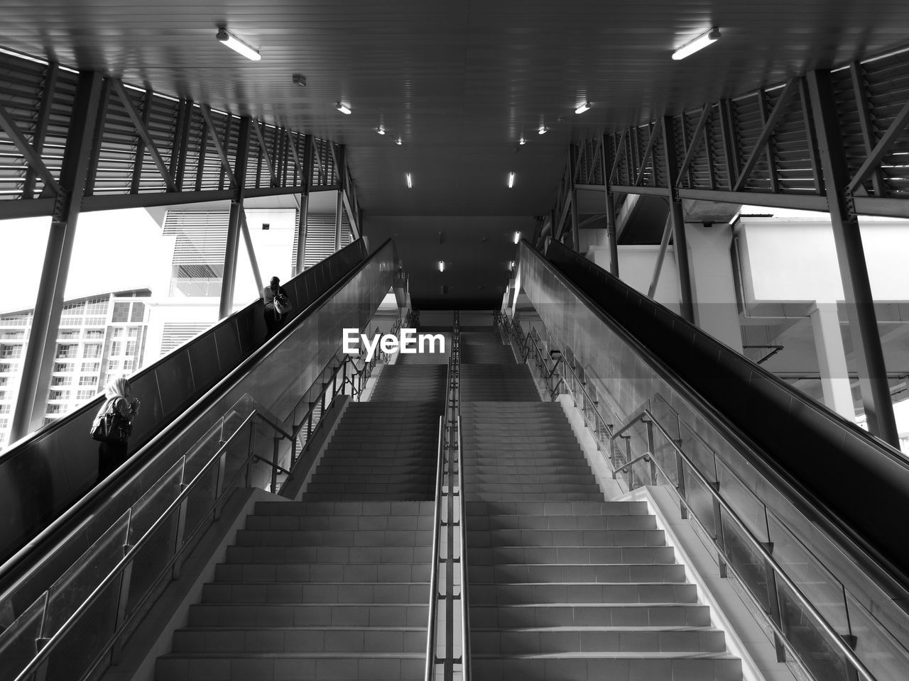 Low angle view of steps on railroad station in city