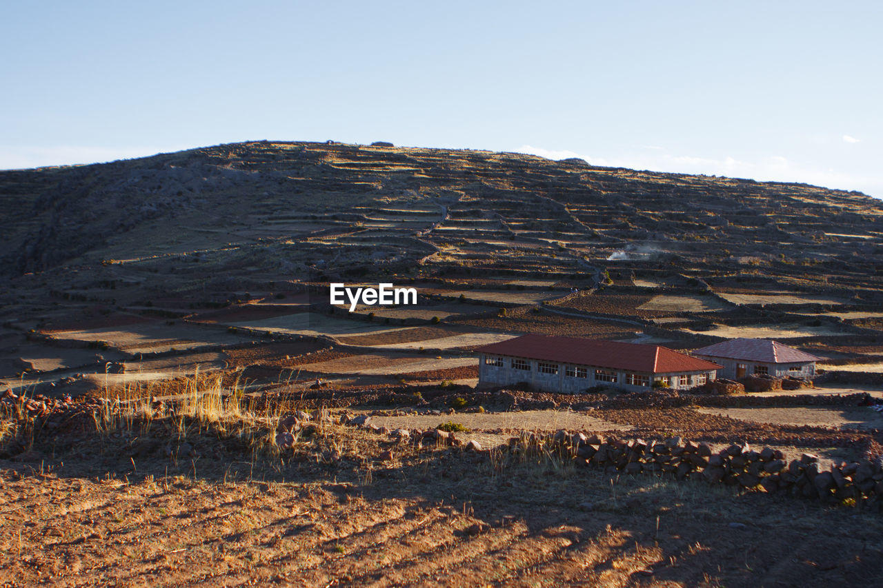 Scenic view of field by buildings against sky