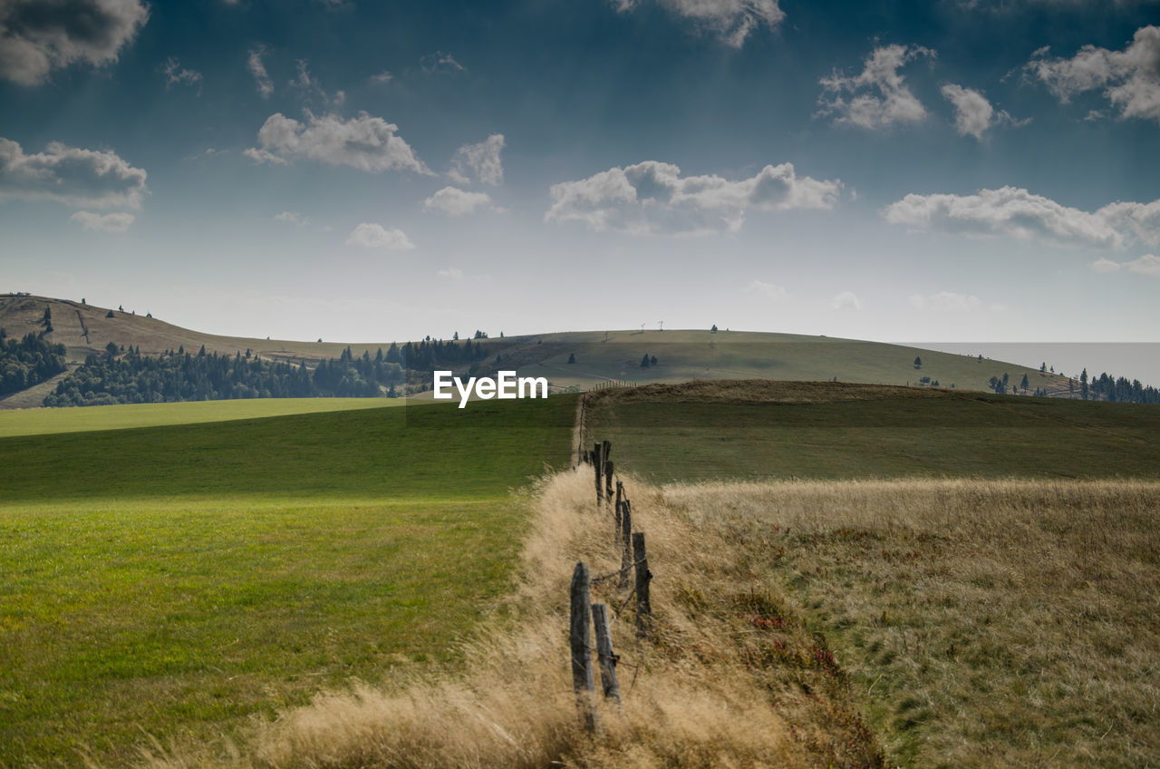 WOMAN WALKING ON FIELD AGAINST SKY