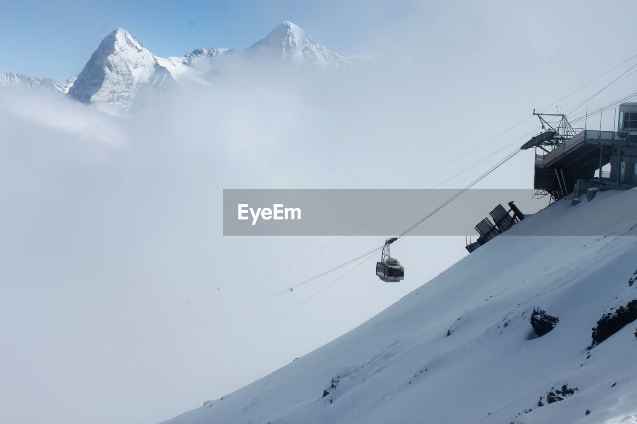 LOW ANGLE VIEW OF OVERHEAD CABLE CAR AGAINST SNOWCAPPED MOUNTAINS