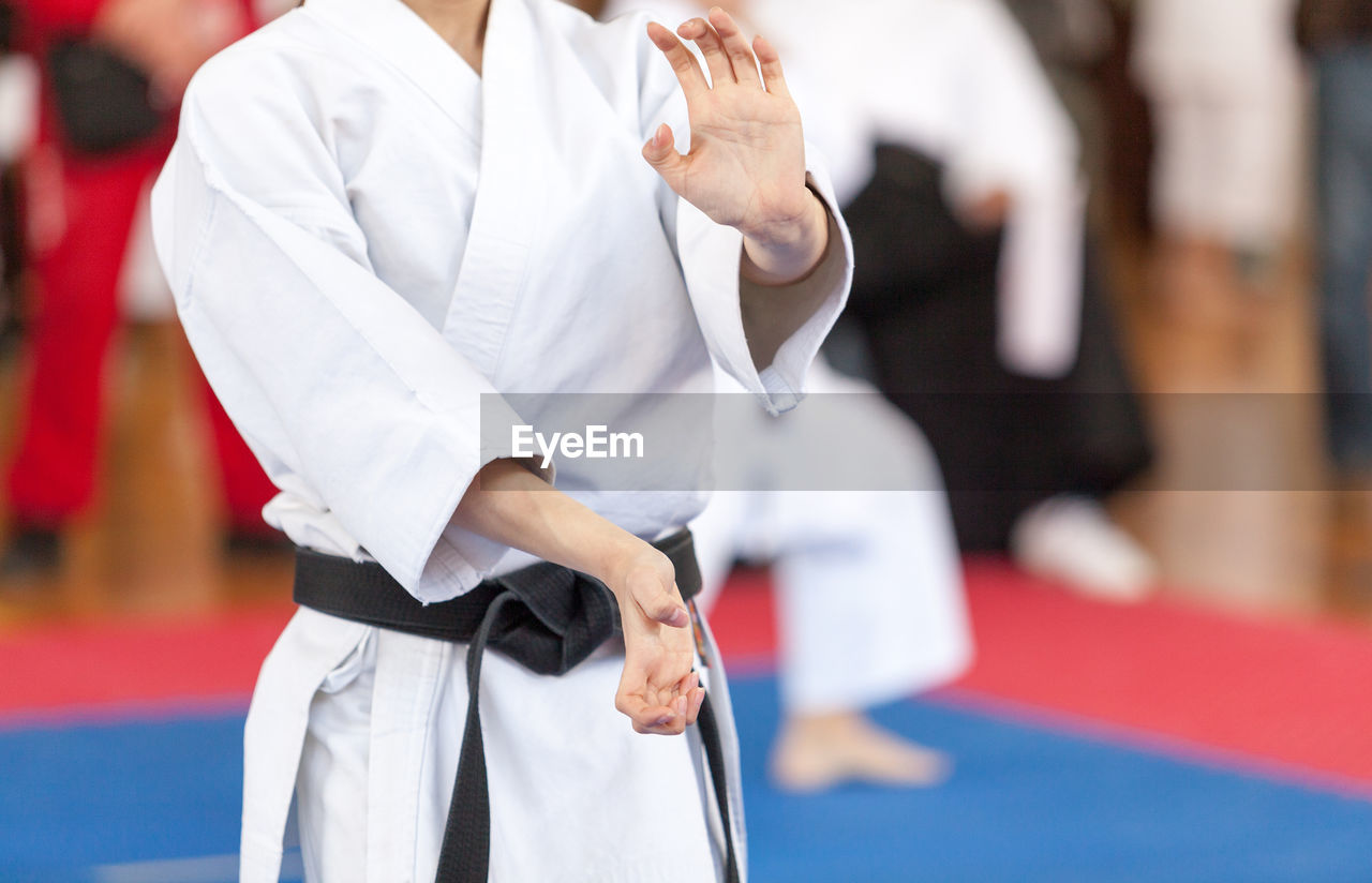 Midsection of man practicing karate on carpet