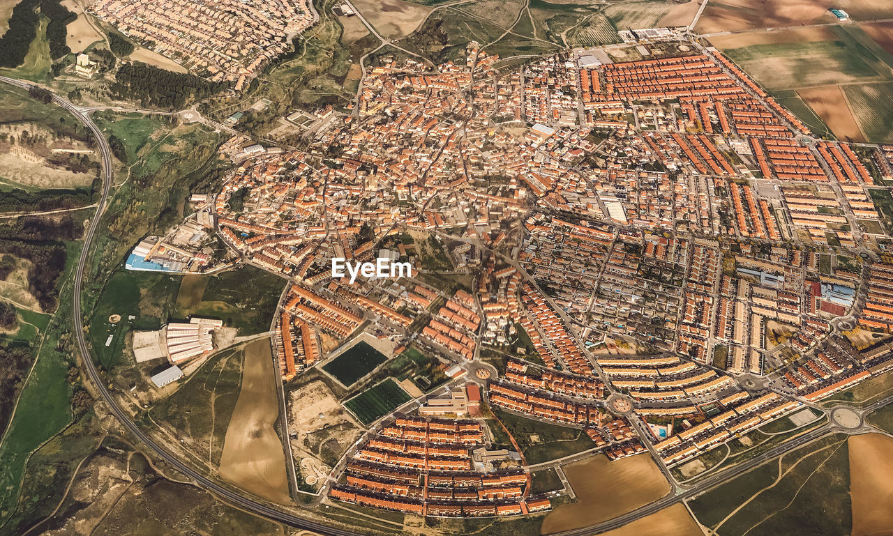 High angle view of buildings in city