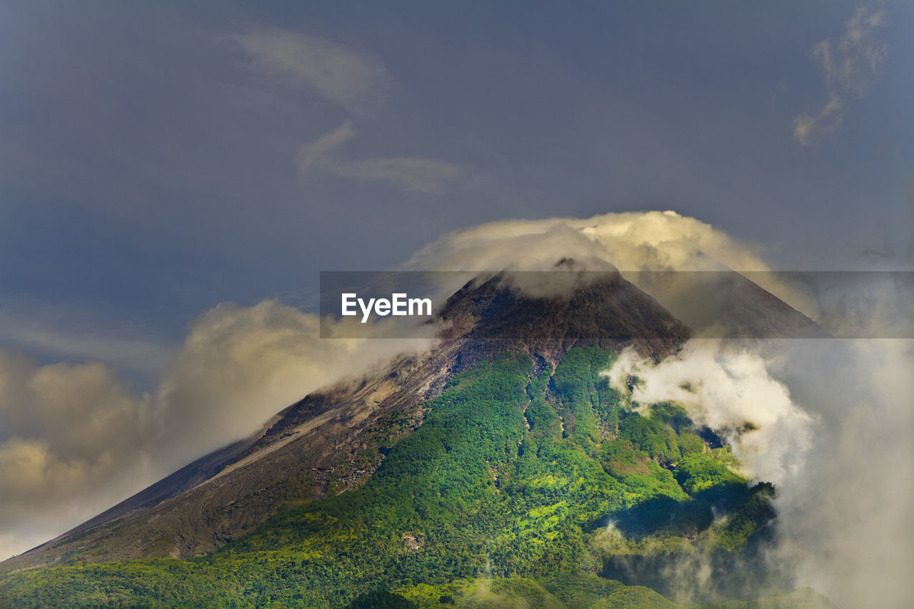 AERIAL VIEW OF VOLCANIC MOUNTAIN AGAINST SKY