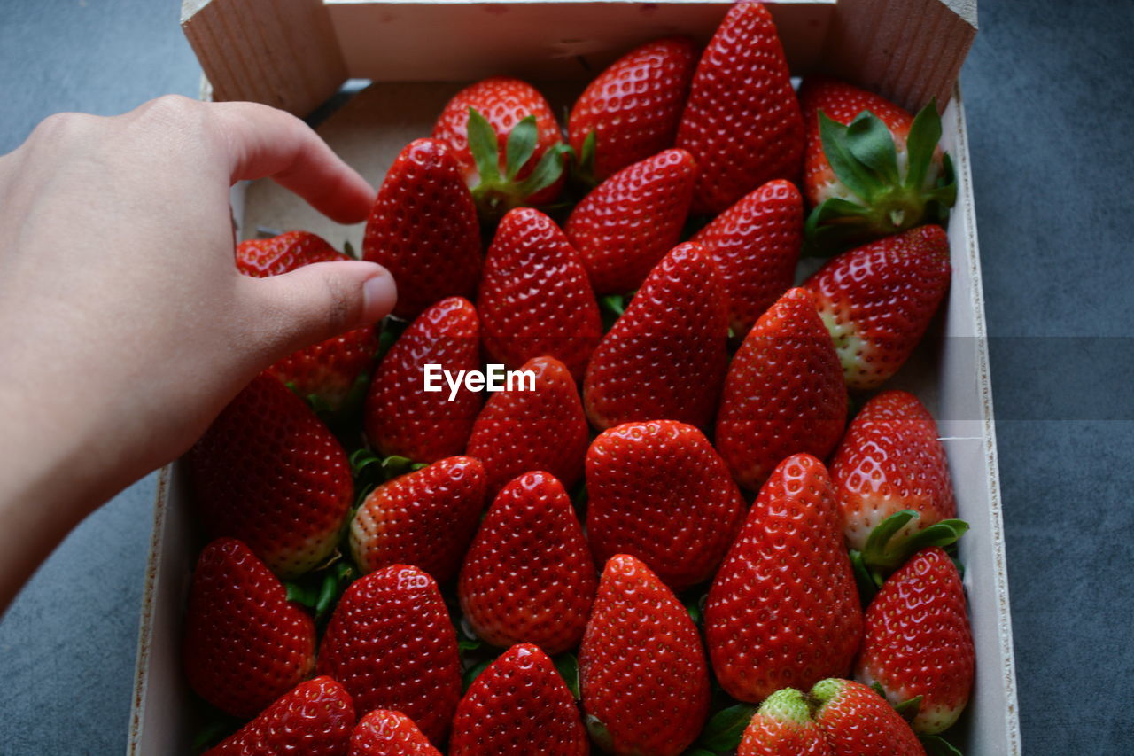 Person picking up strawberries from box