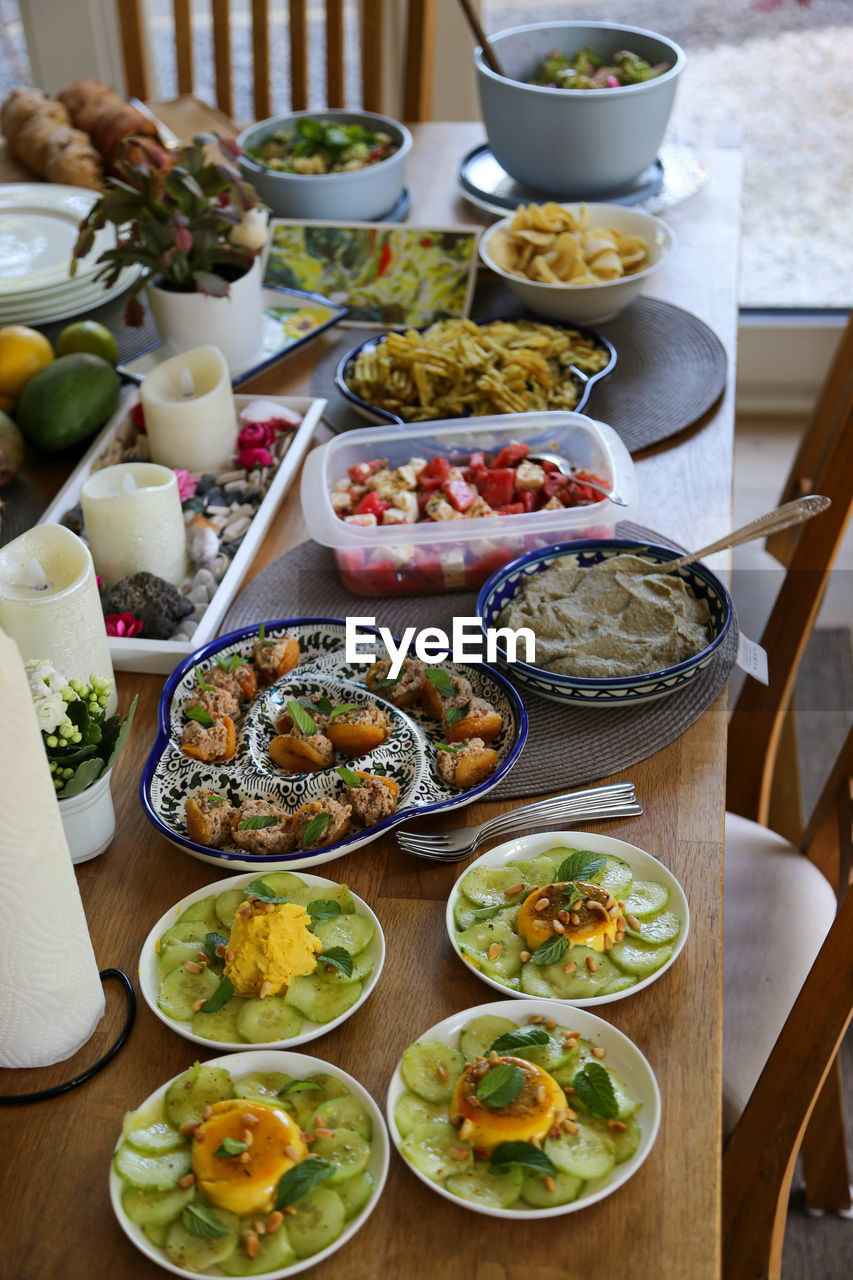 High angle view of food served on table