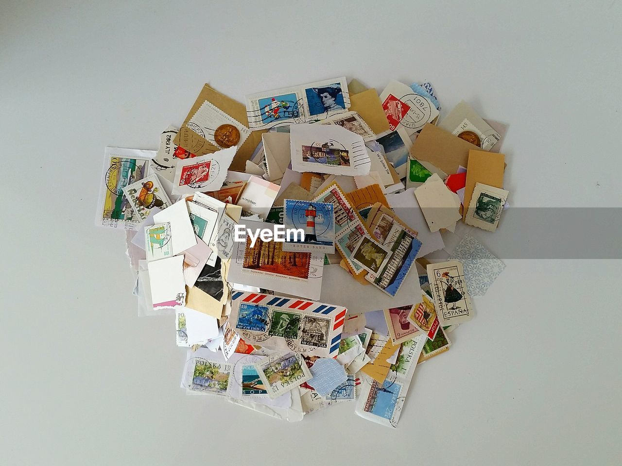 Various postage stamps on white background